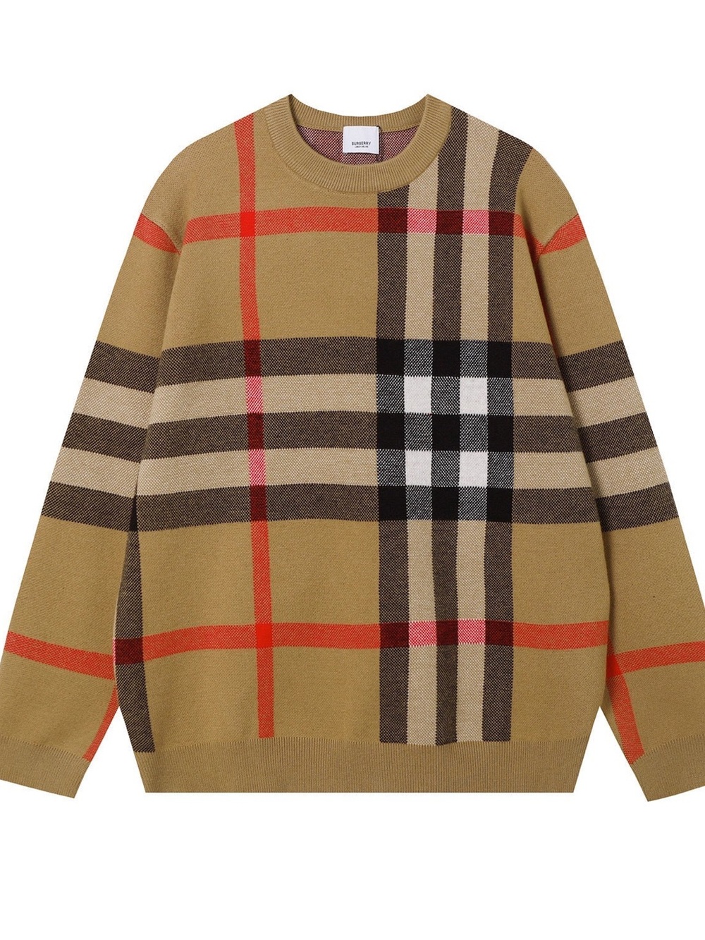 Burberry Tan Plaid Crewneck Sweater with Red Accents